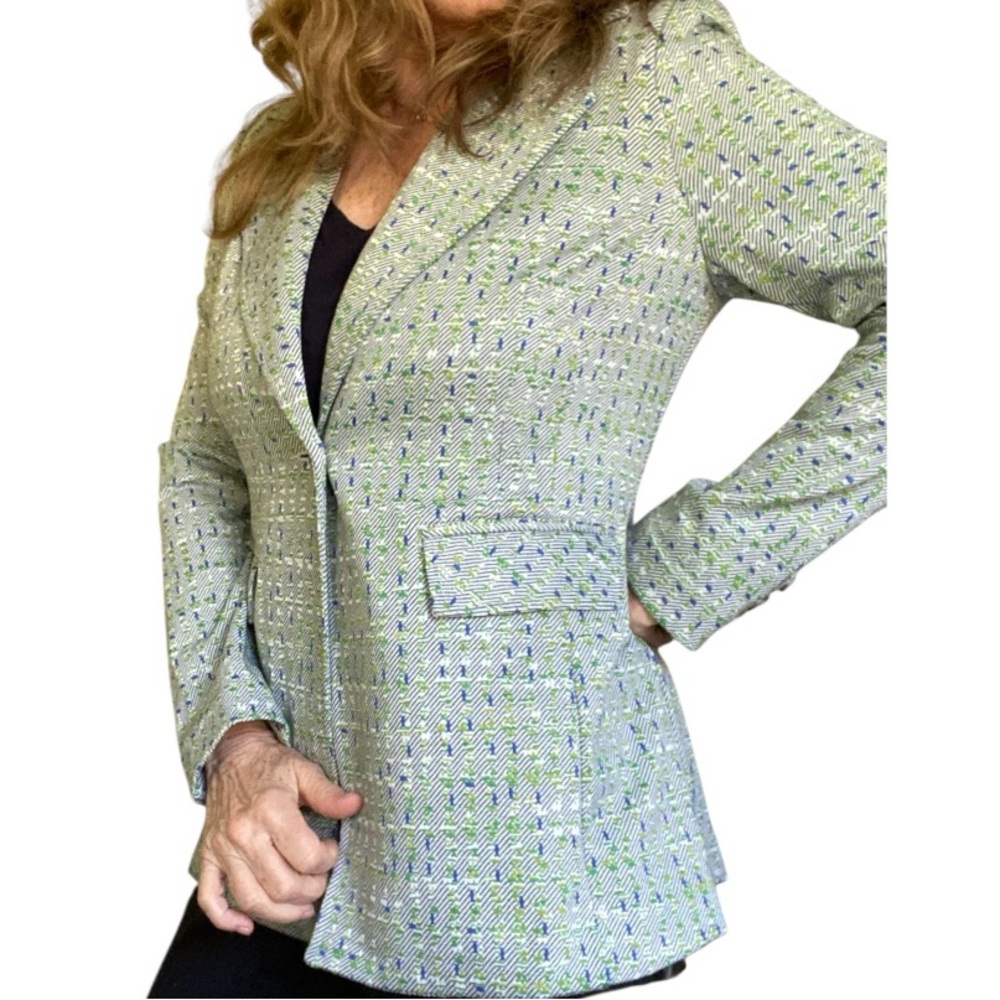 CABI Presentation Blazer Jacquard Knit Tweed Geometric Green Blue Jacket 6251 Md